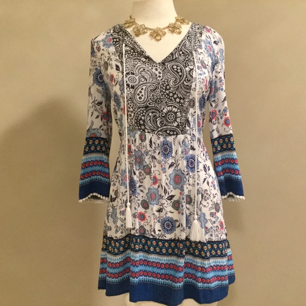 White And Blue Patterned Tunic